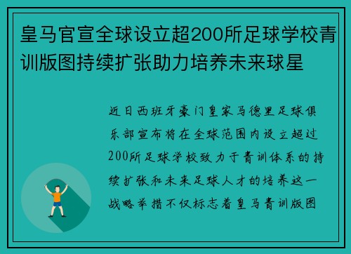 皇马官宣全球设立超200所足球学校青训版图持续扩张助力培养未来球星 ⚽🌍 皇马官宣全球设立超200所足球学校青训版图持续扩张助力培养未来球星 ⚽🌍
